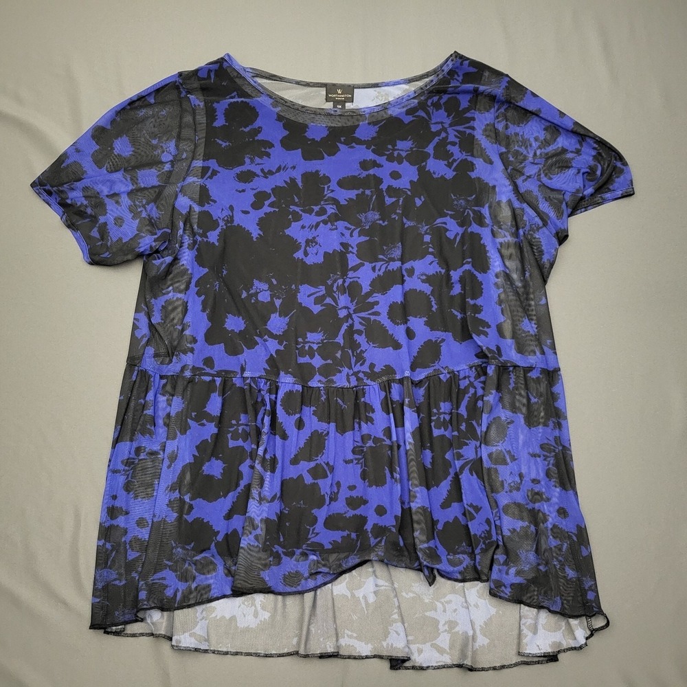 Worthington Woman Blue Black Floral Mesh Peplum Top 1X Short Split Sleeve Sheer